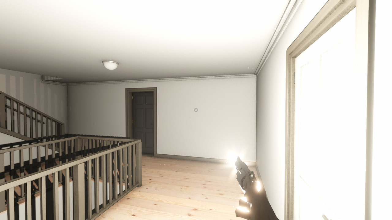 A muzzle flash lights a dark hallway white for a single frame.