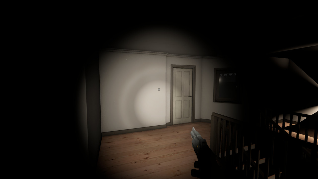 A headlamp beam picks out a stretch of a dark hallway.