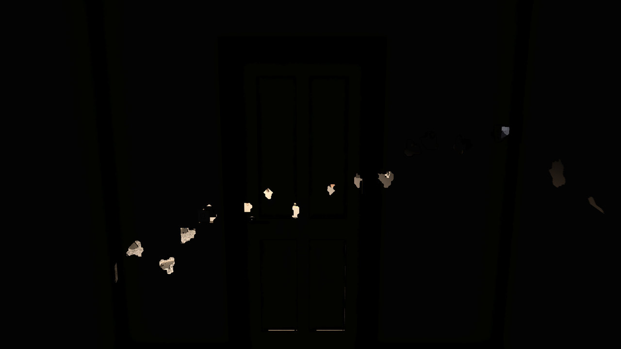 A pitch-black room. Bullet holes cross the wall and the door, each one lit from the hallway behind.